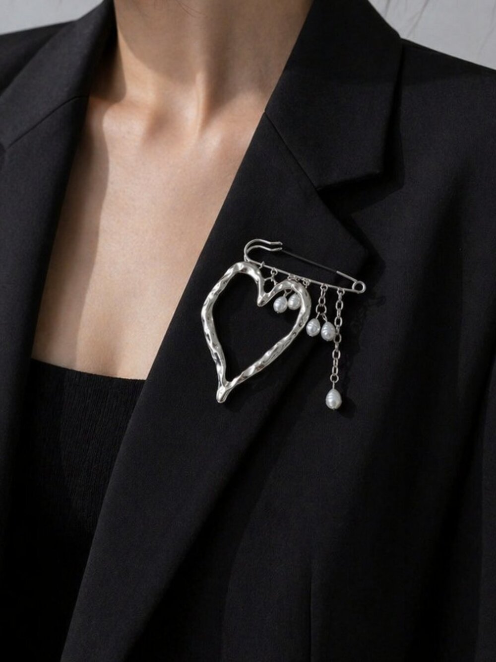 Silver Heart Brooch Pearl Dangle Pin Statement Elegant